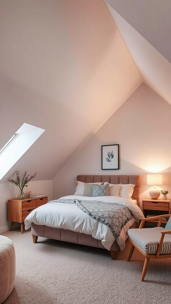 A cozy bedroom with a sloped ceiling, featuring soft ambient lighting from a bedside lamp and a warm color scheme.