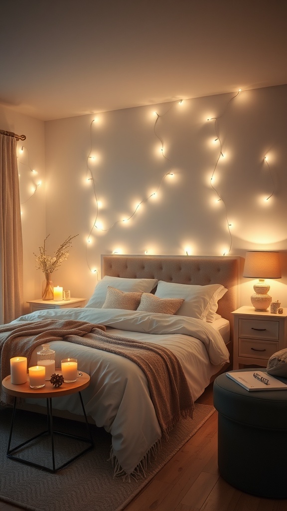 A cozy bedroom with soft ambient lighting created by fairy lights and candles, featuring a neatly made bed and decorative elements.