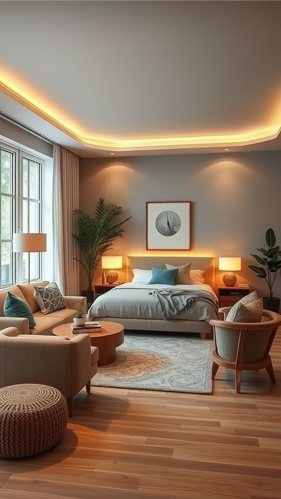 A cozy living room with soft ambient lighting, featuring warm tones and comfortable furniture.