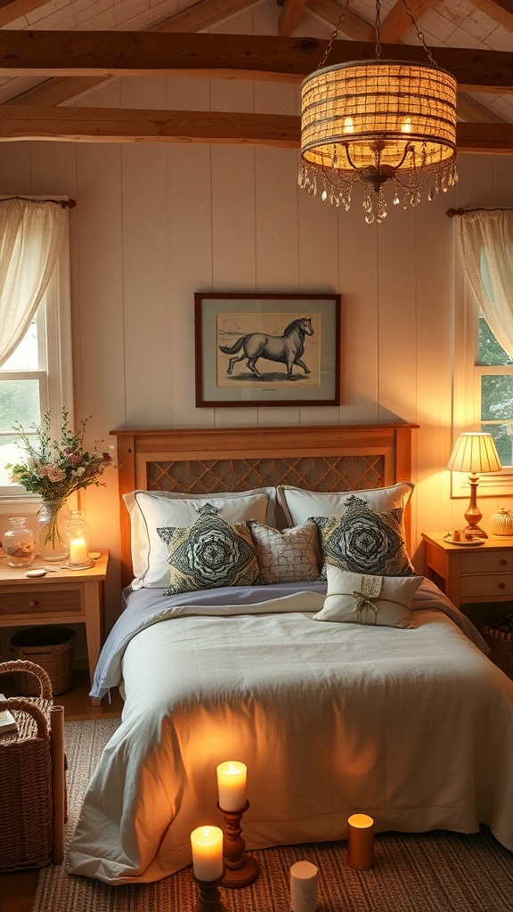 A cozy cottage bedroom with soft ambient lighting from a chandelier and candles, featuring a warm color palette and inviting decor.