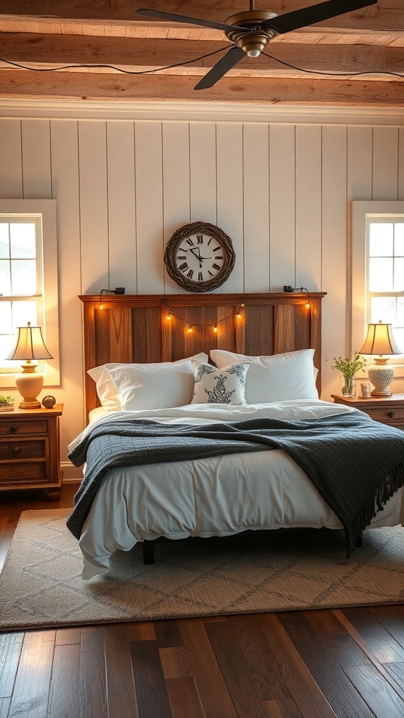 Cozy farmhouse bedroom with soft ambient lighting, featuring a wooden headboard, bedside lamps, and fairy lights.