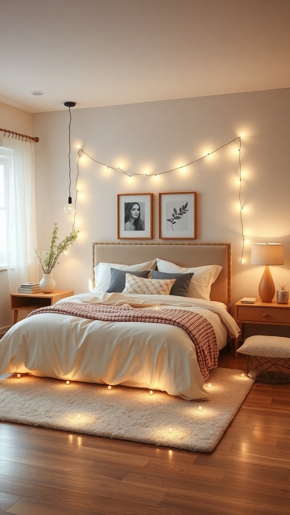A cozy bedroom with soft ambient lighting, featuring string lights and warm-toned lamps.