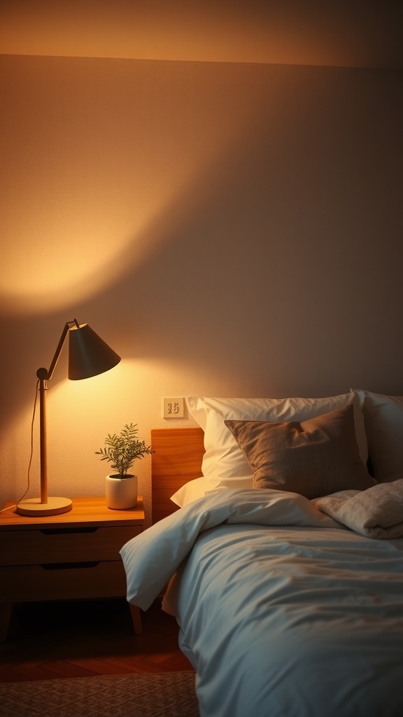A cozy bedroom with a floor lamp providing soft ambient lighting next to a bed.