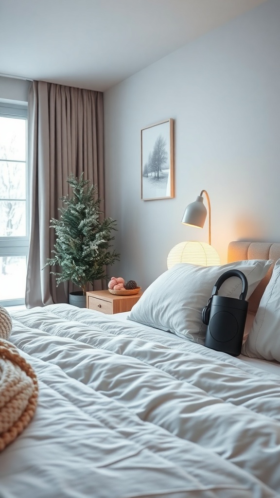 A cozy winter bedroom setup featuring a neatly made bed, a bedside lamp, a small tree, and headphones on the nightstand.