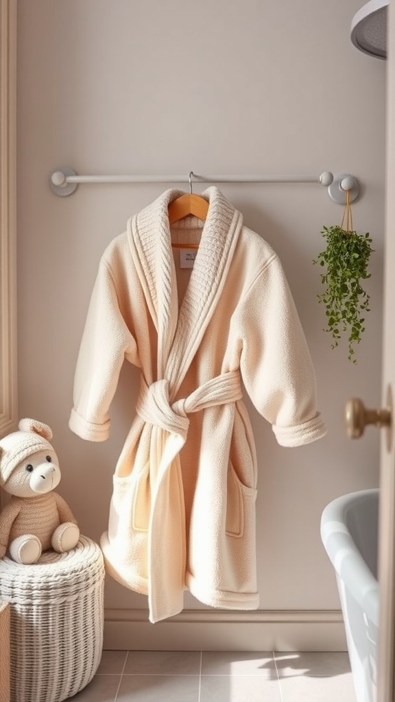 A soft cream bathrobe hanging in a cozy bathroom setting with a stuffed animal and a plant.