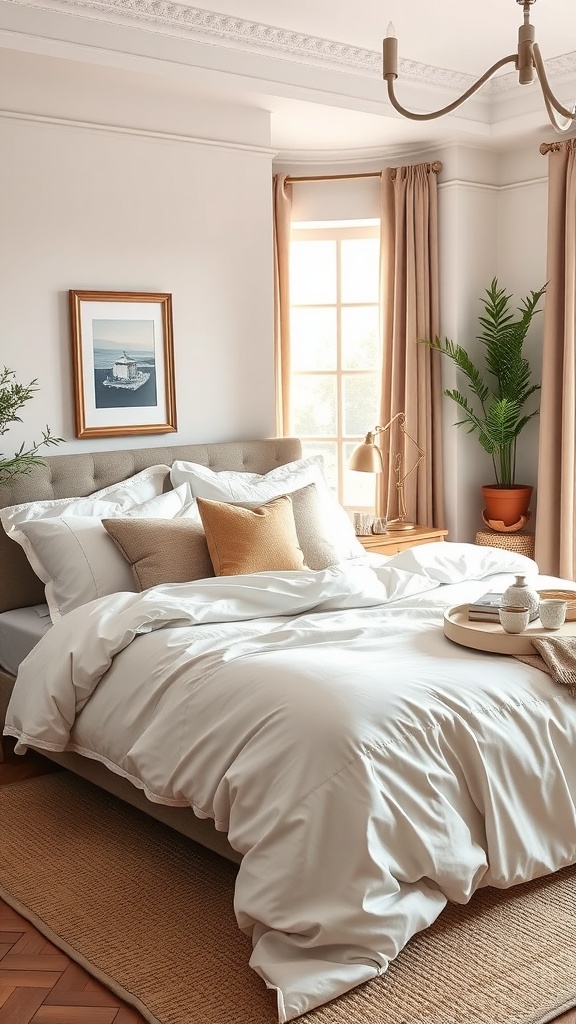 A cozy primary bedroom featuring soft white bedding, decorative pillows, and natural light.