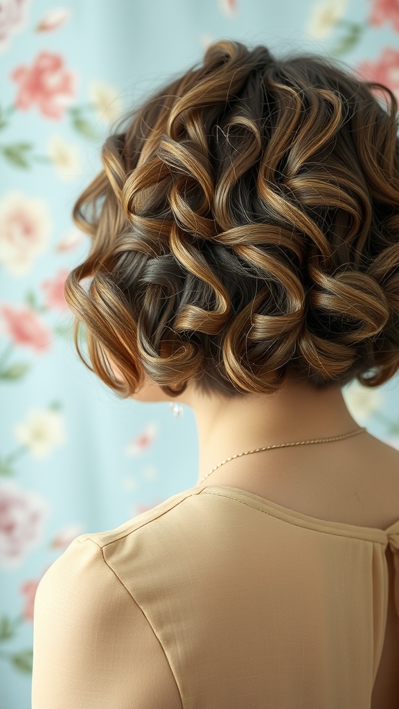 Back view of a soft and romantic curly bob hairstyle with warm tones