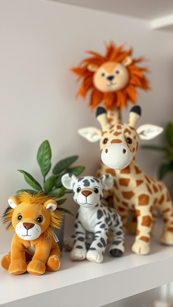 A shelf displaying soft animal plush toys including a lion, leopard, and giraffe.