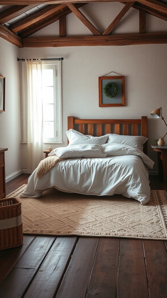 A rustic bedroom featuring a wooden bed, a soft beige area rug, and natural light streaming through a window.