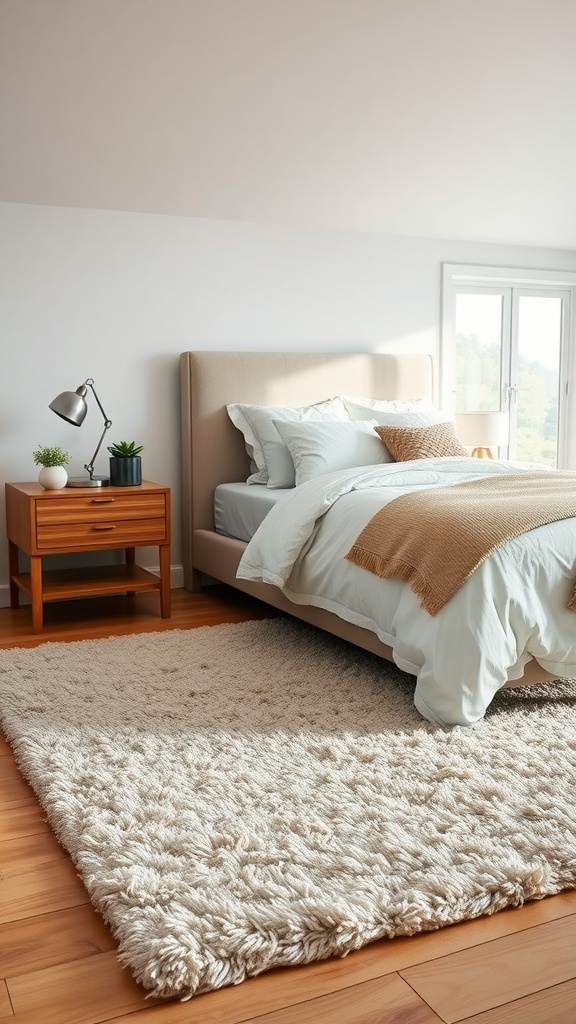 A cozy bedroom featuring a soft, shaggy area rug on a wooden floor, with a neatly made bed and a bedside table.