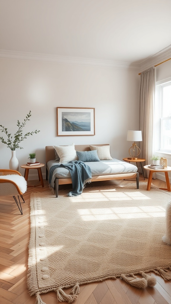 A cozy living room with a soft area rug, a couch, and natural light.