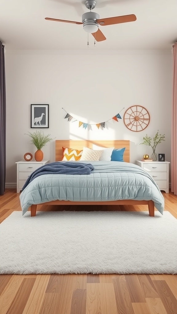 A cozy bedroom featuring a soft white area rug under a bed, with colorful pillows and decor.