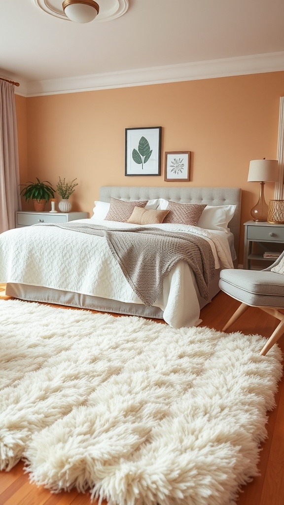 A cozy bedroom featuring a fluffy white area rug, warm peach walls, and neutral bedding.