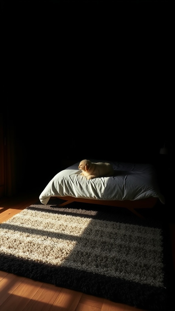 A cozy dark bedroom with a soft area rug and a dog on the bed