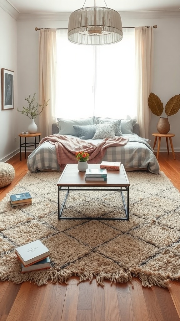 A cozy bedroom featuring a soft area rug, a bed with cushions, and a coffee table with books.