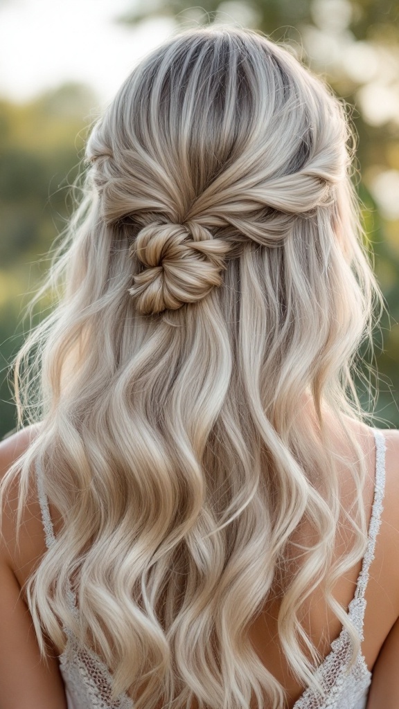 A woman with soft ash blonde hair styled in waves, featuring subtle highlights and a half-up braided knot.