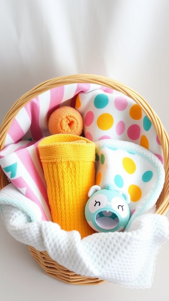 A basket filled with colorful baby towels and washcloths, featuring vibrant patterns and a bath toy.