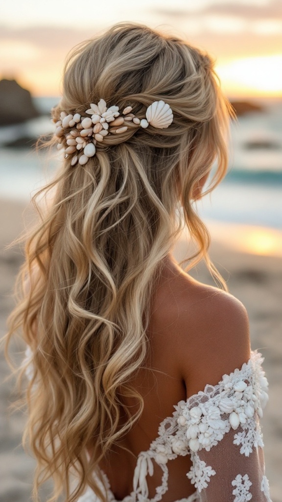 A woman with soft beachy waves adorned with seashell accessories, viewed from behind at sunset.