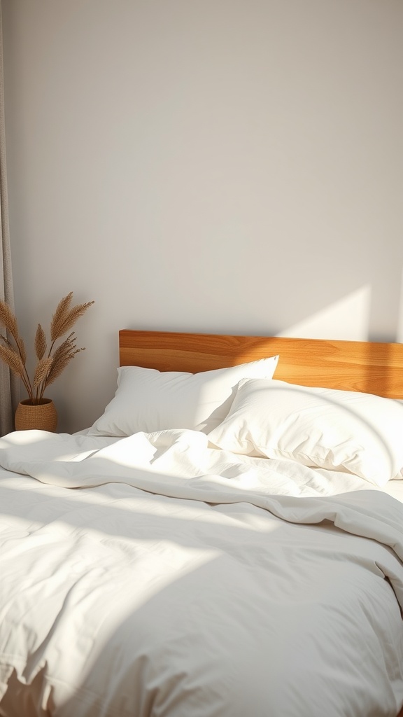 A soft bed with white linens and a wooden headboard, complemented by a plant.