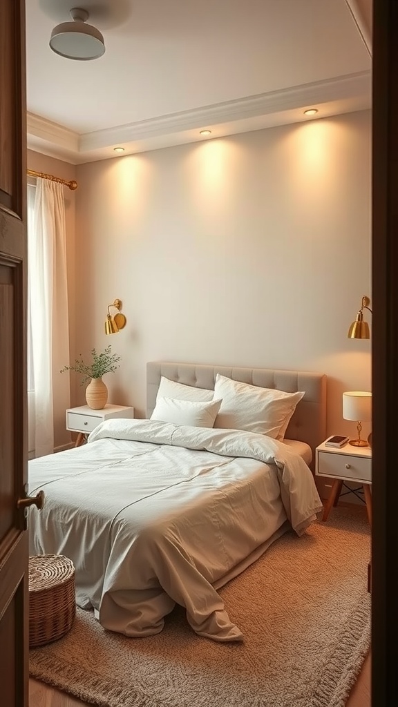 A cozy bedroom featuring soft beige accents, a comfortable bed with beige bedding, warm lighting, and natural decor elements.