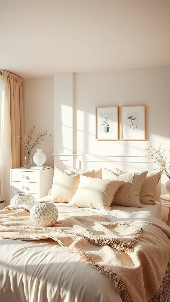 A serene bedroom with soft beige accents, featuring a cozy bed with textured pillows and a throw blanket, natural light streaming in, and minimalistic decor.