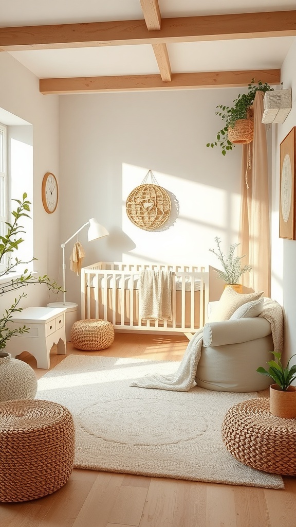 A cozy nursery featuring a soft beige and cream color scheme with a crib, poufs, and plants.