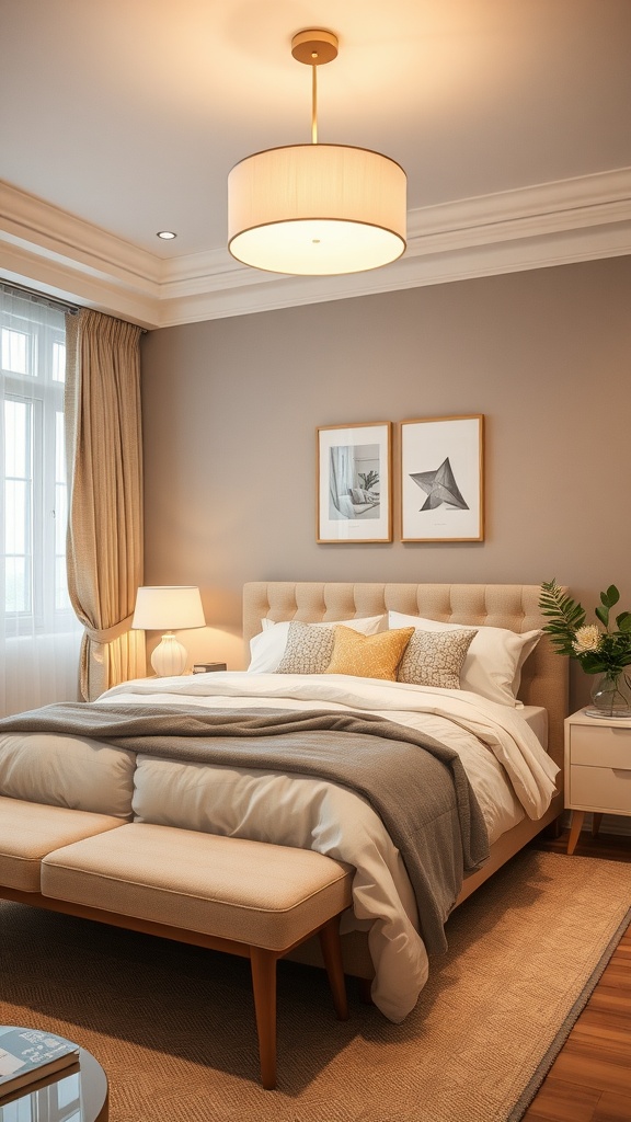 A cozy beige and brown bedroom featuring soft lighting fixtures
