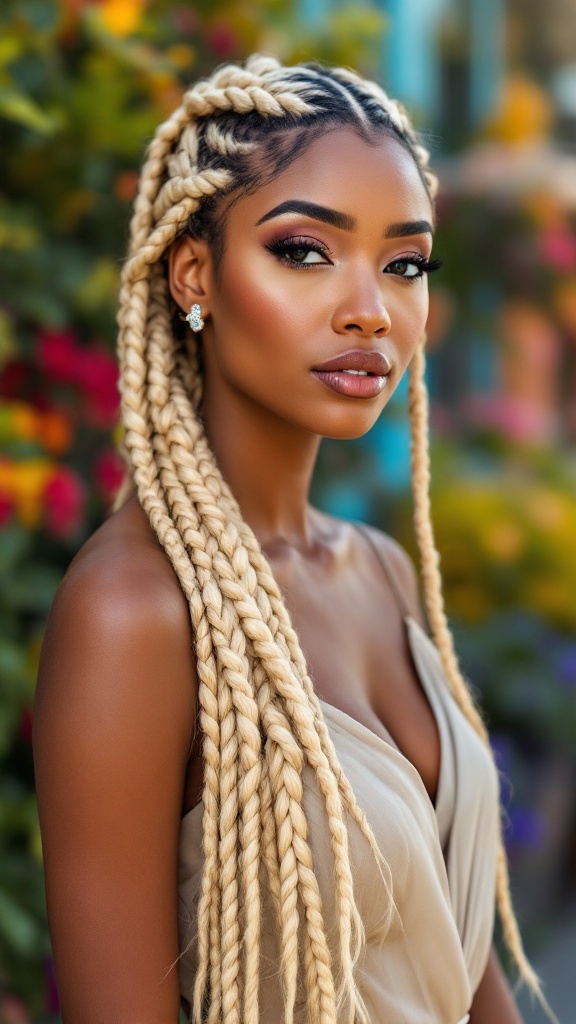 A person with soft blonde box braids, wearing a floral swimsuit, in a vibrant outdoor setting.