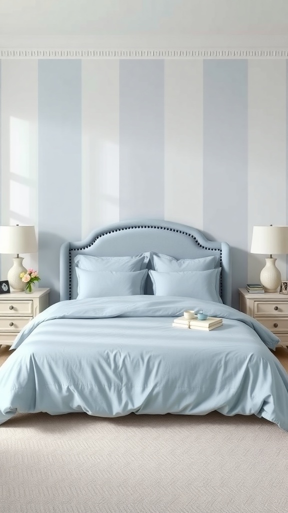 A soft blue bedding set on a bed with a light blue headboard and matching bedside tables.