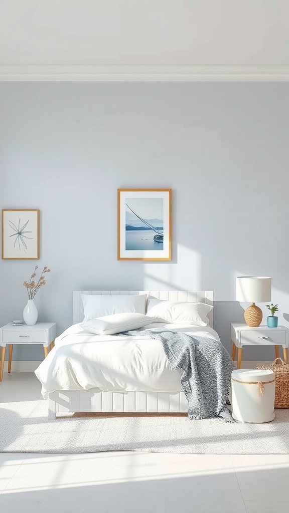 A serene bedroom with soft blue walls, a white bed, and natural light.