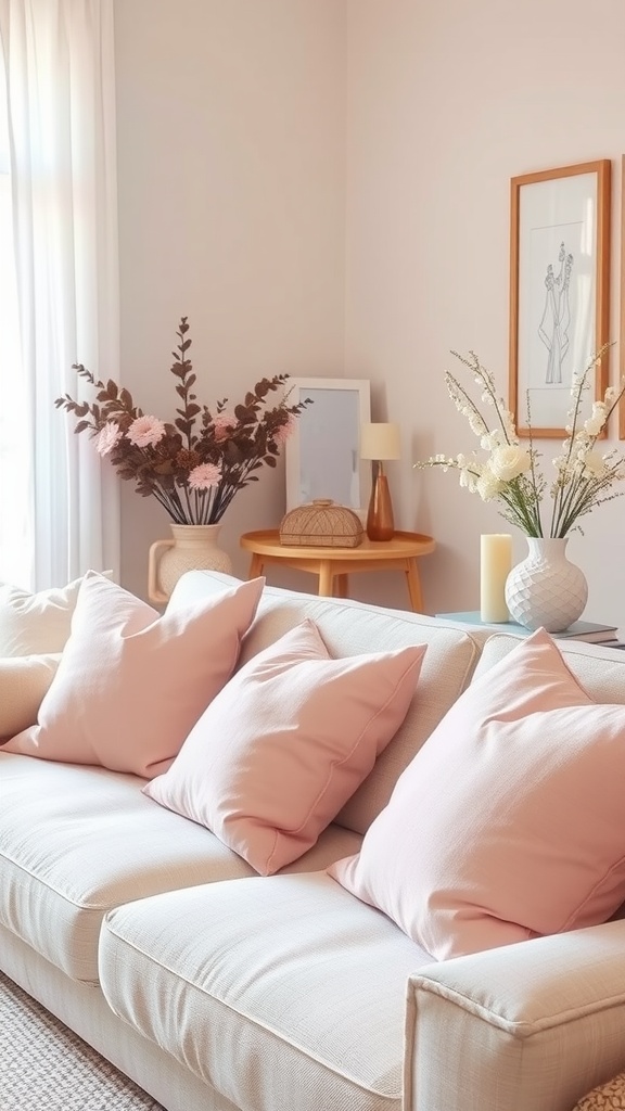 Cozy living room with blush pink pillows and floral accents