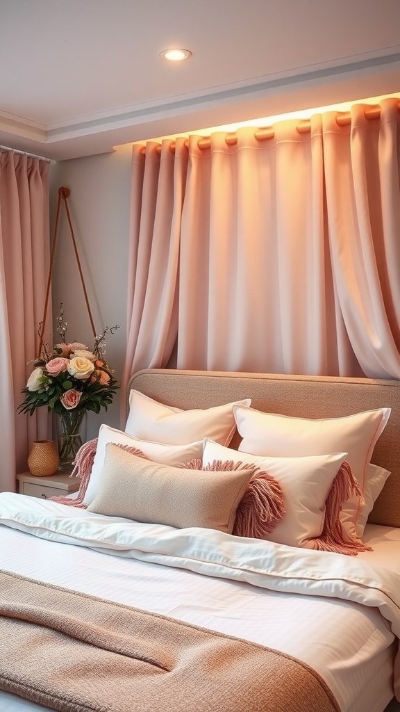 A cozy bedroom featuring soft blush accents with pillows, curtains, and a floral arrangement.