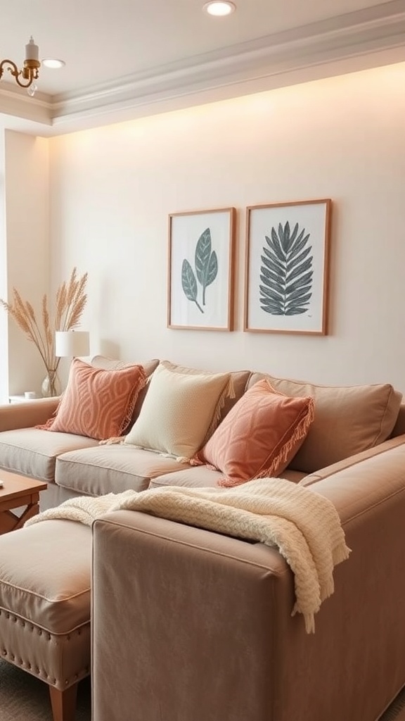Cozy living room with blush accents, featuring a sofa with pink pillows and leafy wall art.