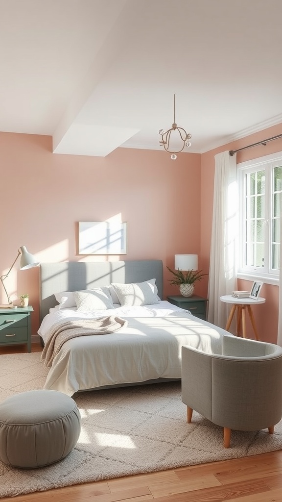 A cozy bedroom featuring soft blush walls and grey accent furniture, with a bed, armchair, and decorative elements.