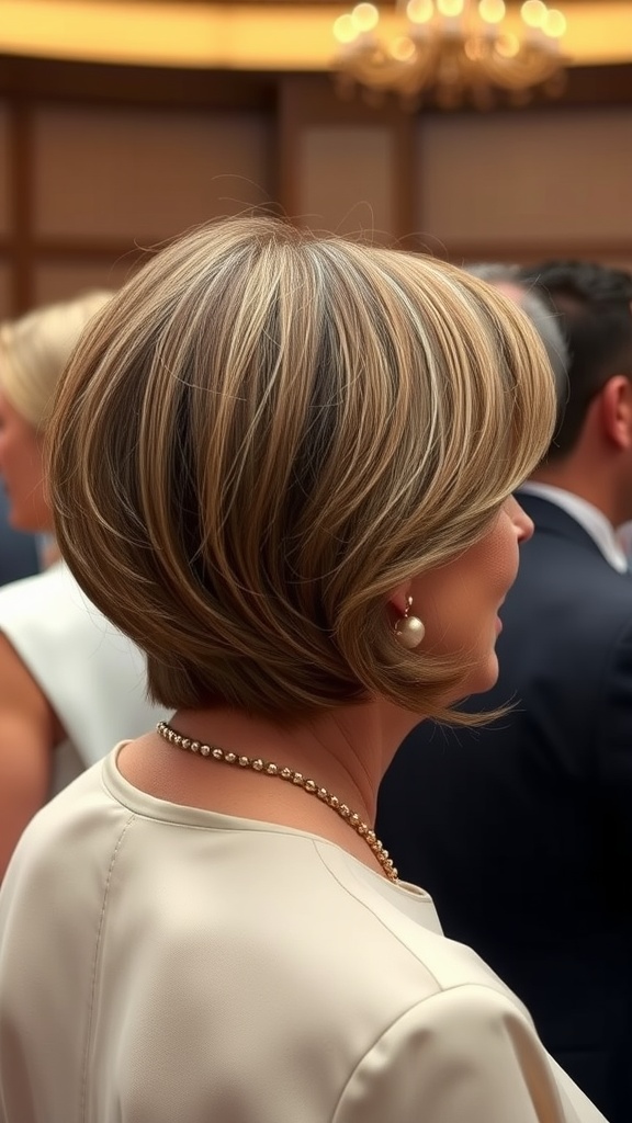 A woman with a soft bob hairstyle featuring a deep side part, showcasing elegance and simplicity.