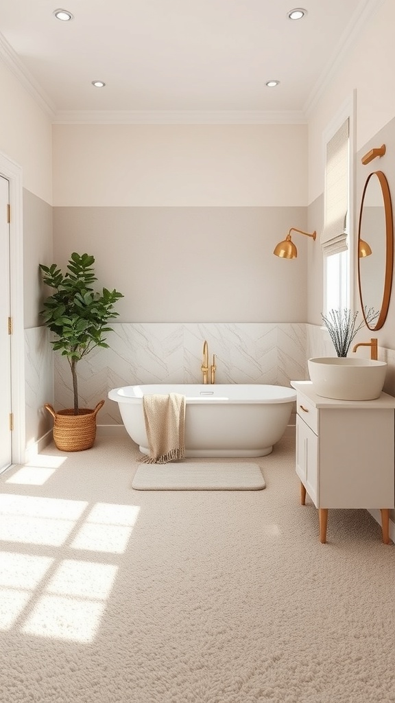 A bright bathroom featuring soft carpet flooring, a modern bathtub, and stylish fixtures.
