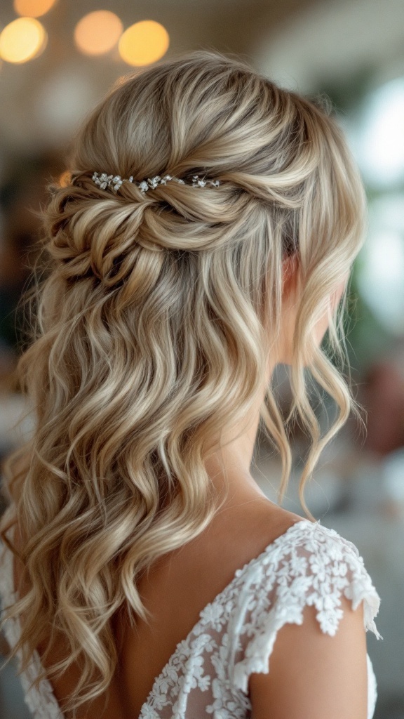 A hairstyle featuring soft cascading waves with a back twist and decorative hair accessories.