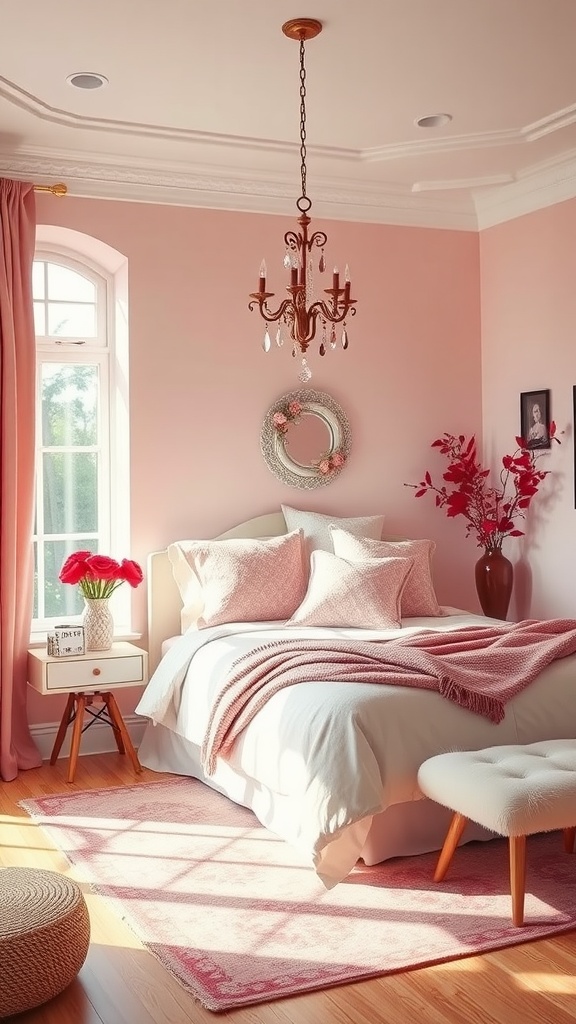 A beautifully decorated bedroom for Valentine's Day featuring a soft pink color palette with elegant furnishings.