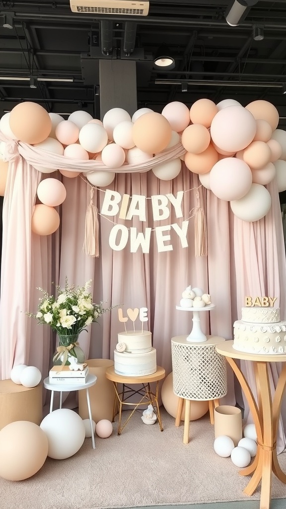 A neutral boy baby shower setup with soft colors, featuring balloons, a cake, and floral arrangements.