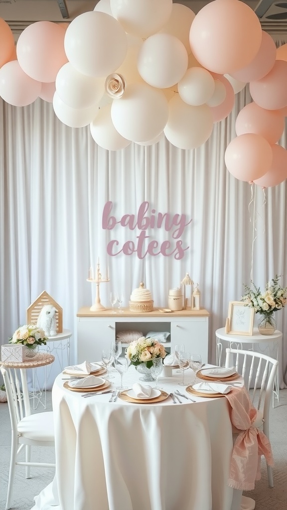 A beautifully arranged table for a baby shower with soft pink and white decorations, balloons, and floral centerpieces.
