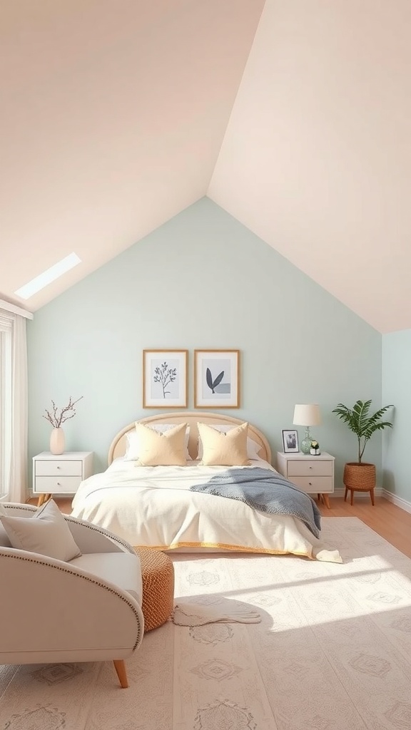 A serene bedroom with a sloped ceiling, featuring soft mint green and peach walls, cozy bedding, and simple decor.