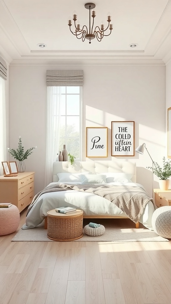 A cozy bedroom with soft color palettes, featuring light walls, a comfortable bed, and natural decor.