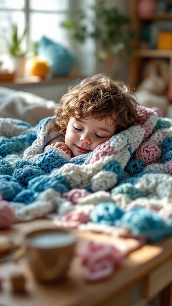 A child sleeping peacefully under a colorful crochet blanket, surrounded by a cozy room.