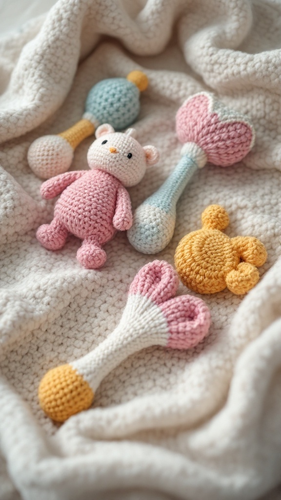 Image of various soft crochet rattles and a bear toy on a cozy blanket