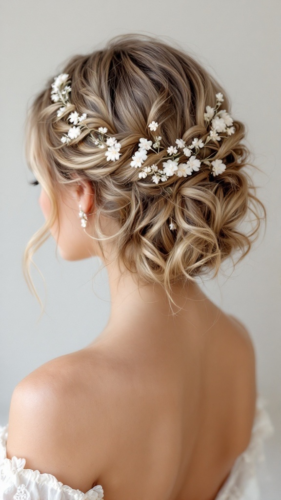 A hairstyle featuring soft curls adorned with small white flowers and delicate accessories