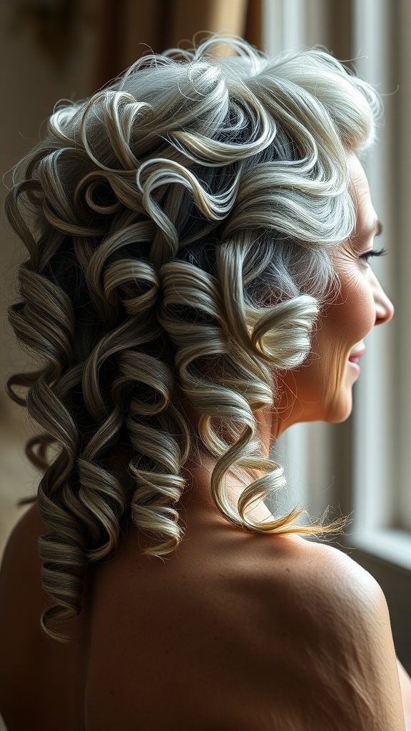 A woman with soft, romantic curls, showcasing a beautiful hairstyle for older women.
