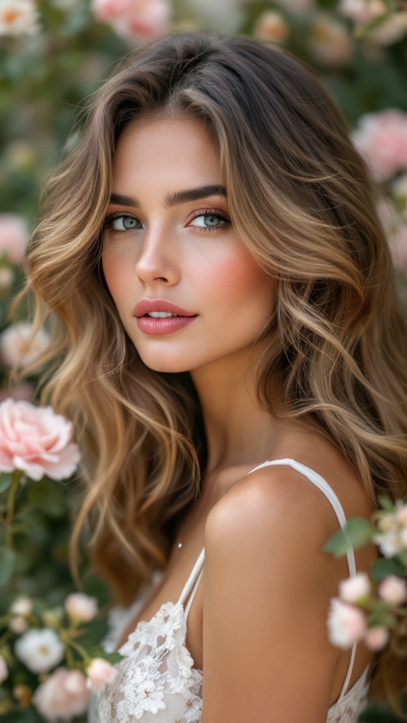 A woman with medium length layered hair styled in soft curls, surrounded by pink roses.
