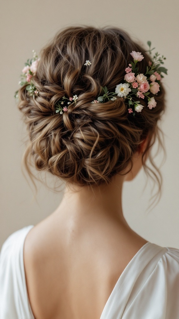 Bridesmaid hairstyle featuring soft curls and a floral crown