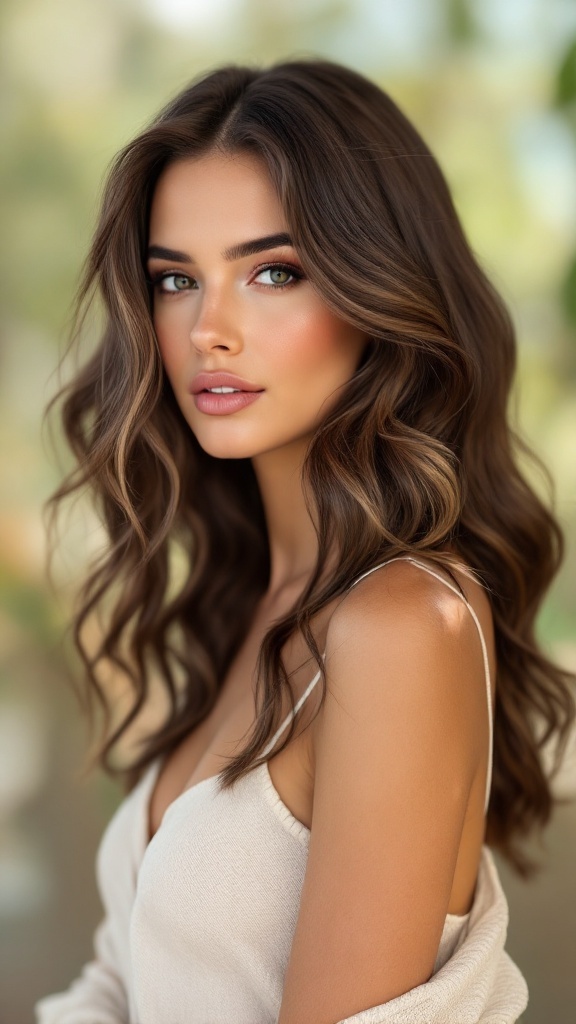 A woman with long, medium-length hair styled in soft curls and face-framing layers.
