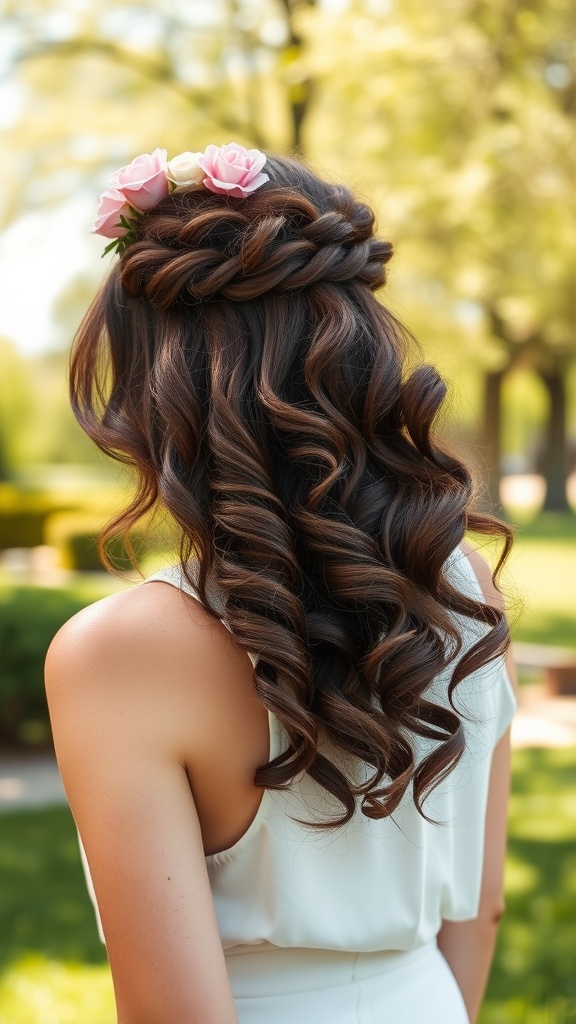 A woman with soft curls styled with a floral headband in a spring setting.